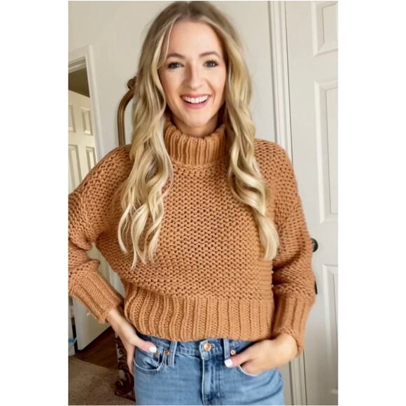 Free People My Only Sunshine Sweater Size M Camel Tan Oversize Chunky Mock Boho - Picture 7 of 14